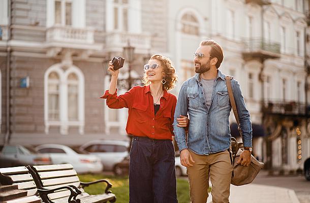 stylish couple explore the city